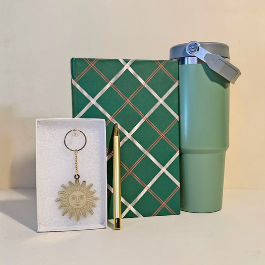 Green tumbler, keychain, and gift box