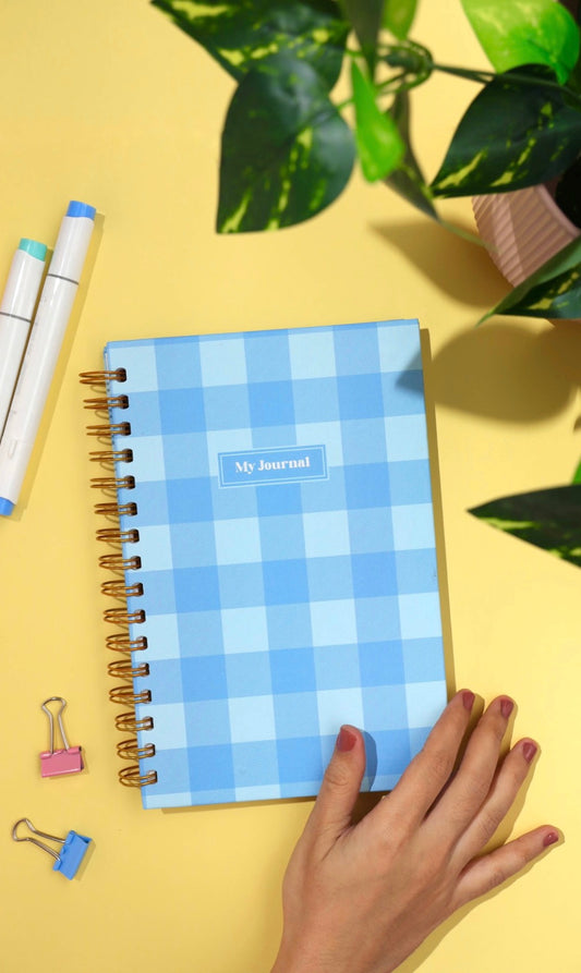 dinkywhee Blue Ghingam checks - A5 Hardcover Wiro Notebook by Dinkywhee